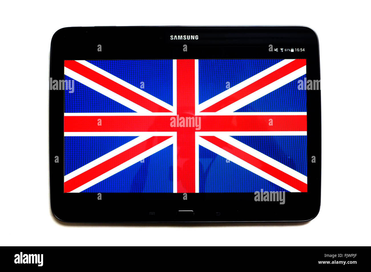 Die britische Flagge auf einem Tablet-Bildschirm fotografiert vor einem weißen Hintergrund angezeigt. Stockfoto
