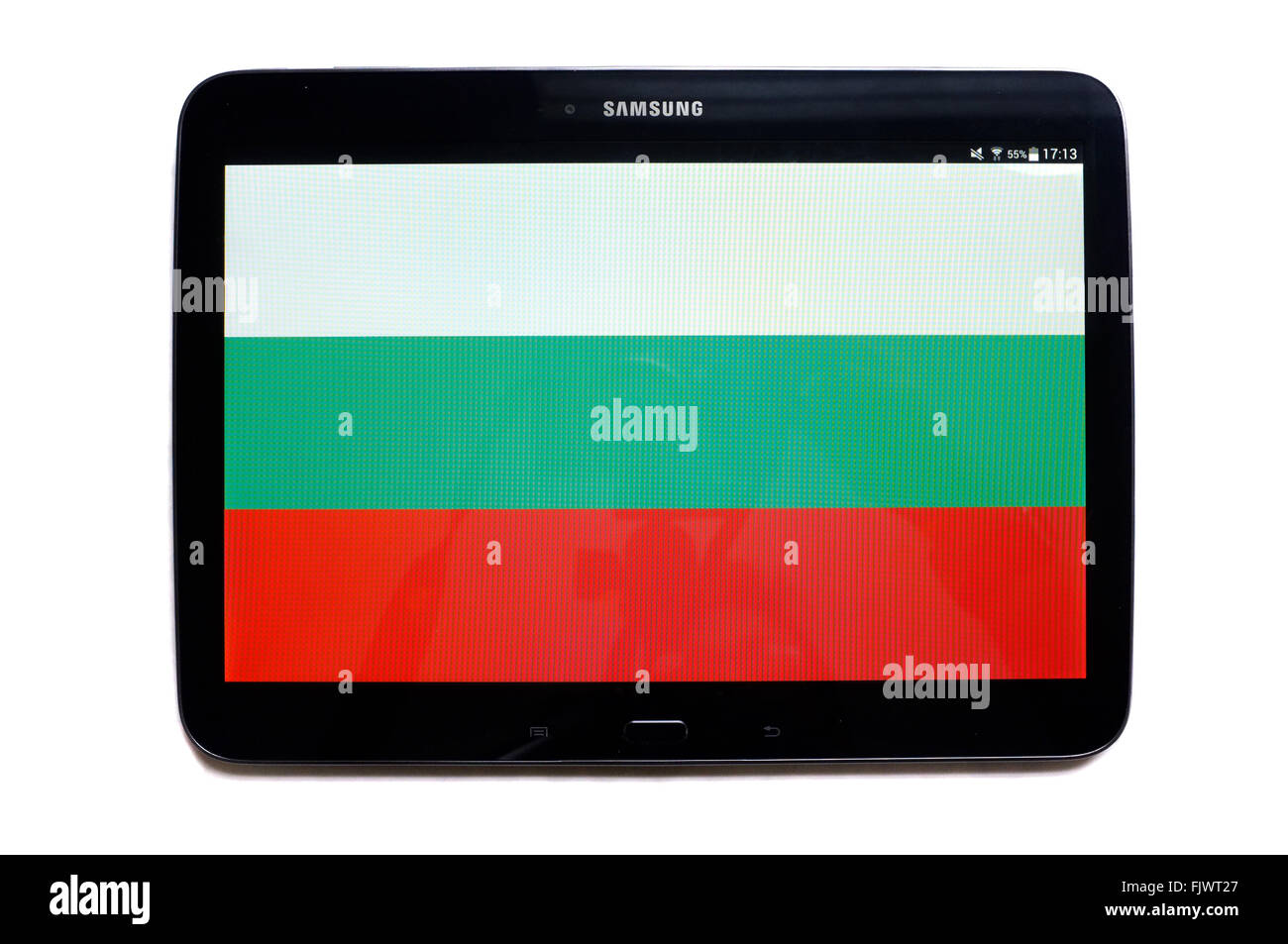 Die Flagge von Bulgarien auf einem Tablet-Bildschirm fotografiert vor einem weißen Hintergrund angezeigt. Stockfoto