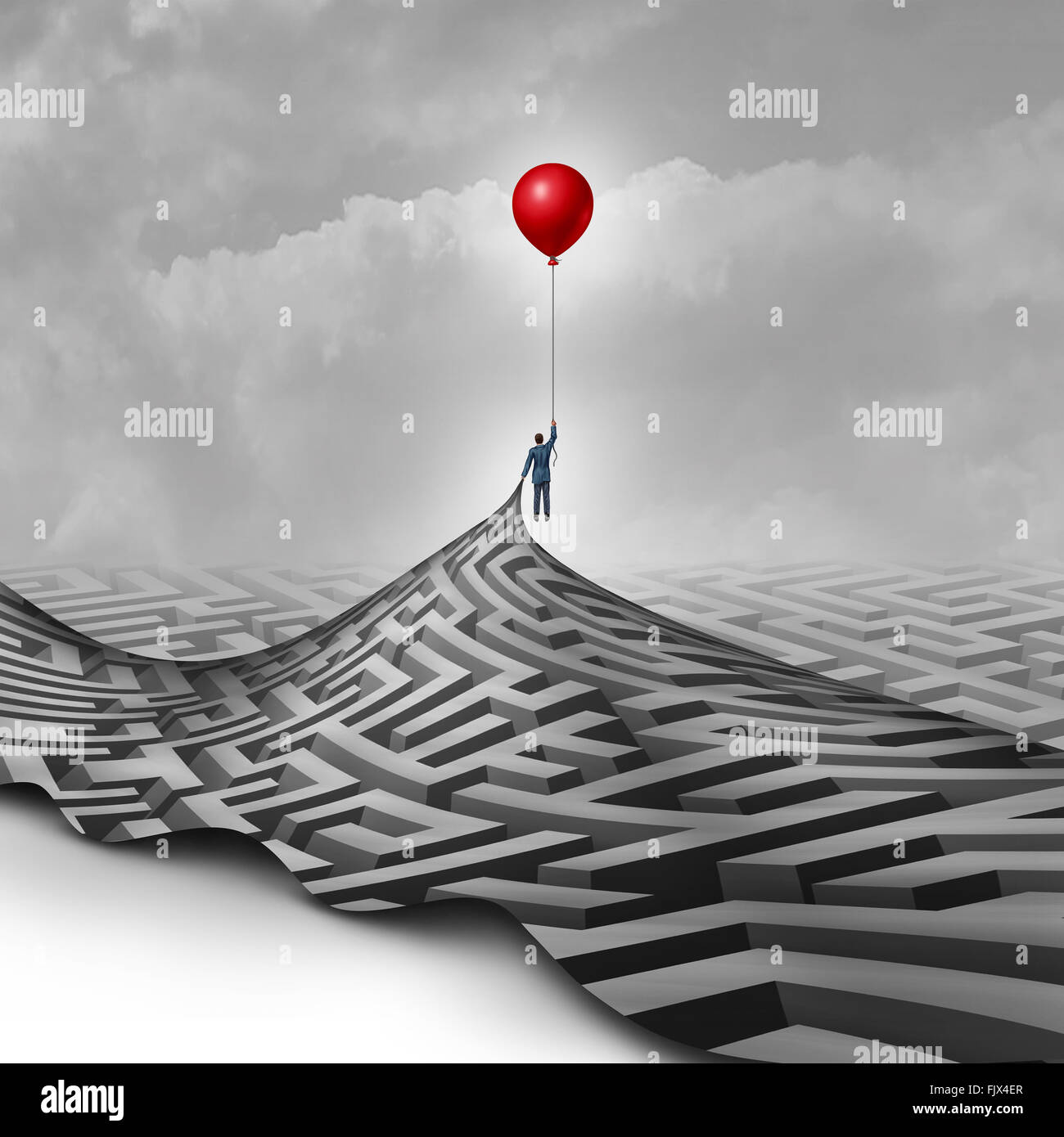 Geschäftsmann Erfolgskonzept als Metapher zur Überwindung von Hindernissen als Person heben einen Irrgarten oder Labyrinth mit einem roten Ballon als ein Symbol für die Vision und die Suche nach einem Weg zum Erfolg. Stockfoto
