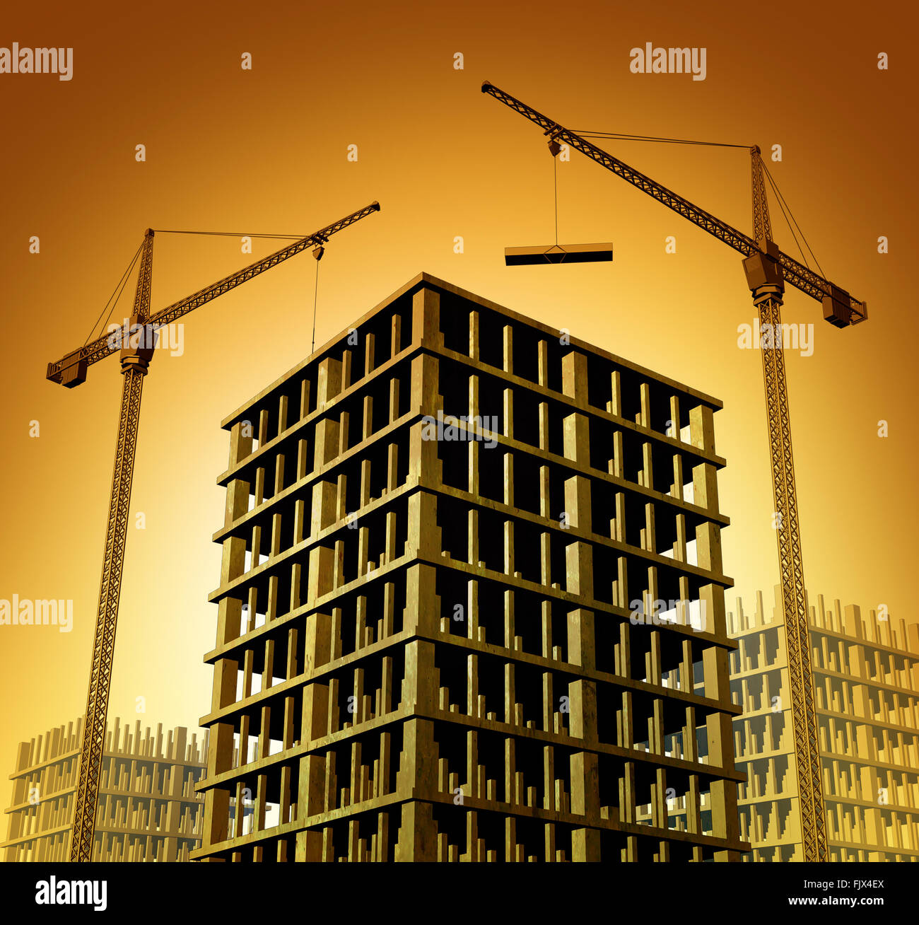 Entwicklung der Baustelle mit dem Bau Bau von Eigentumswohnungen oder ein Business Apartment Hochhaus als Symbol für Krane Stockfoto