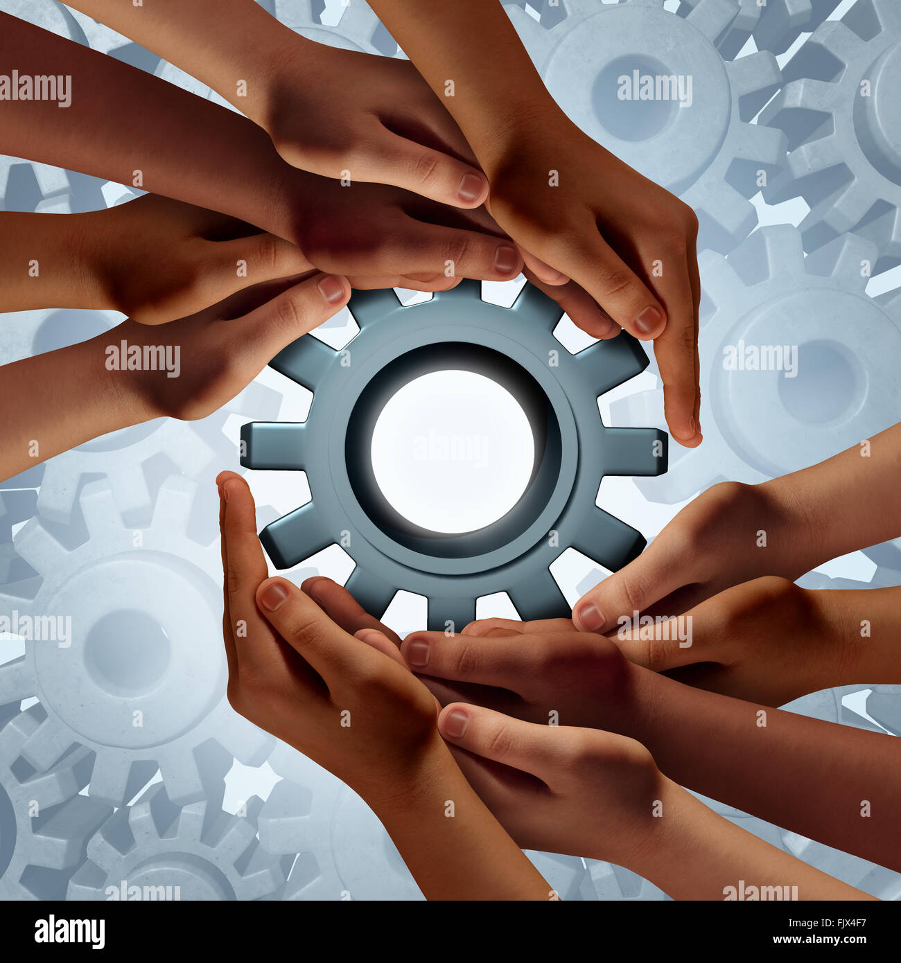 Global Engineering und vielfältige Gemeinschaft Geschäft Erfolg Symbol als eine Gruppe von Hände halten ein Zahnrad oder Zahnrad als Metapher für Kooperation und Teamwork Globalisierungsstrategie. Stockfoto