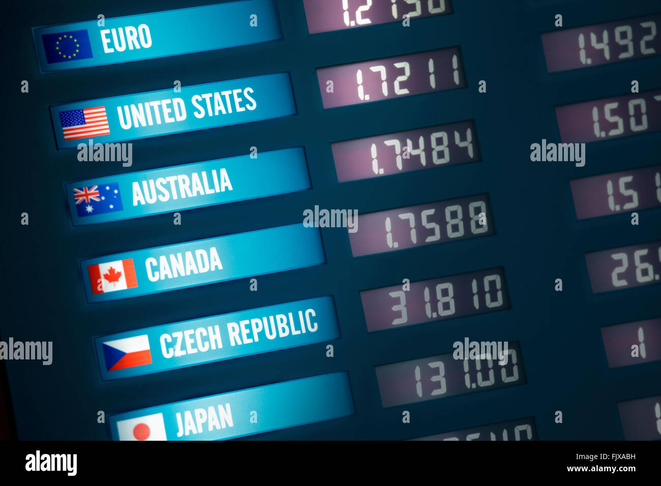 Currency Exchange-Board zeigt Wechselkurse für verschiedene Länder und Währungen beleuchtet. Stockfoto