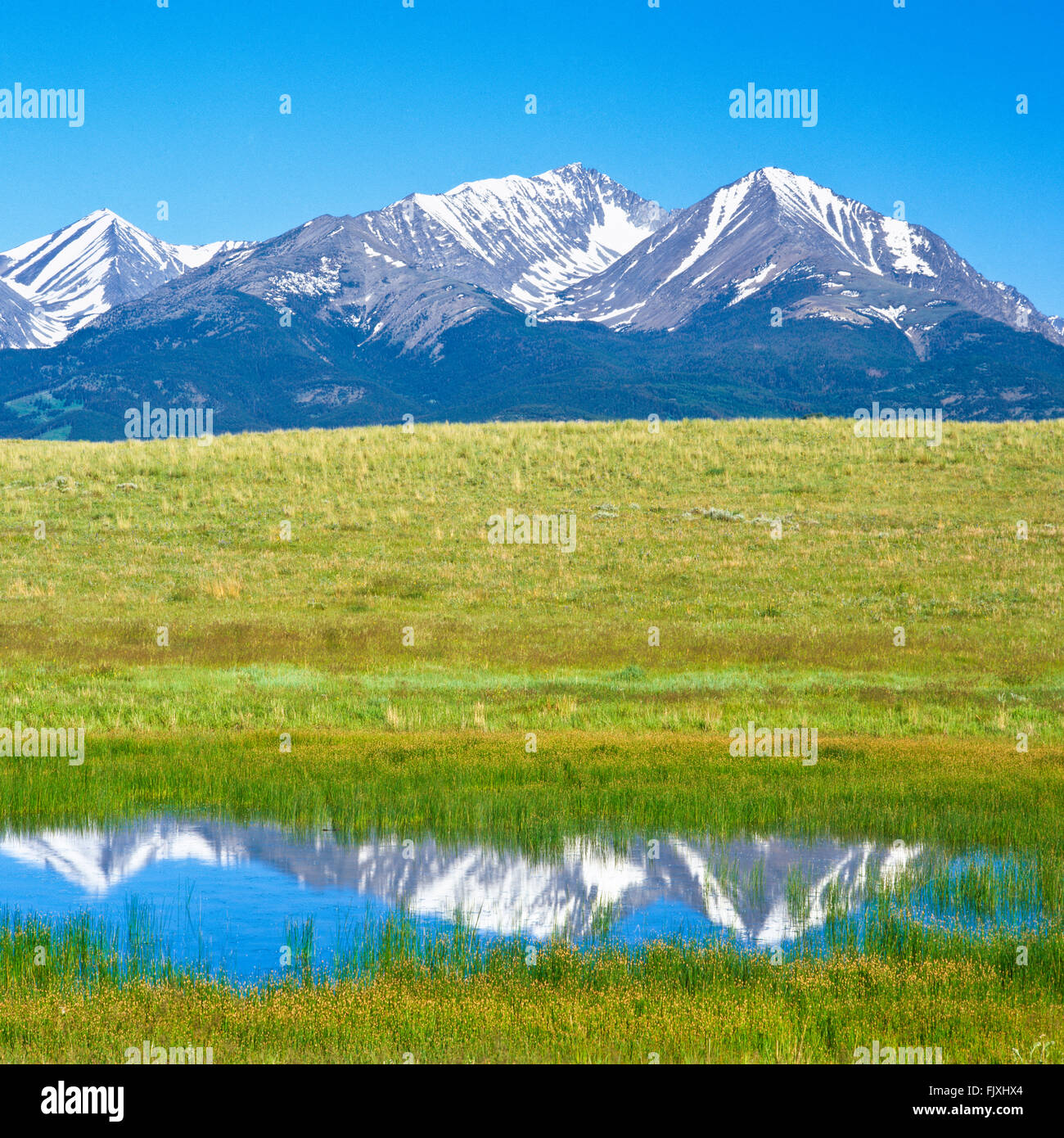 Verrückte Berge spiegeln sich in einem Präriepodhole Teich in der Nähe von Big Timber, montana Stockfoto