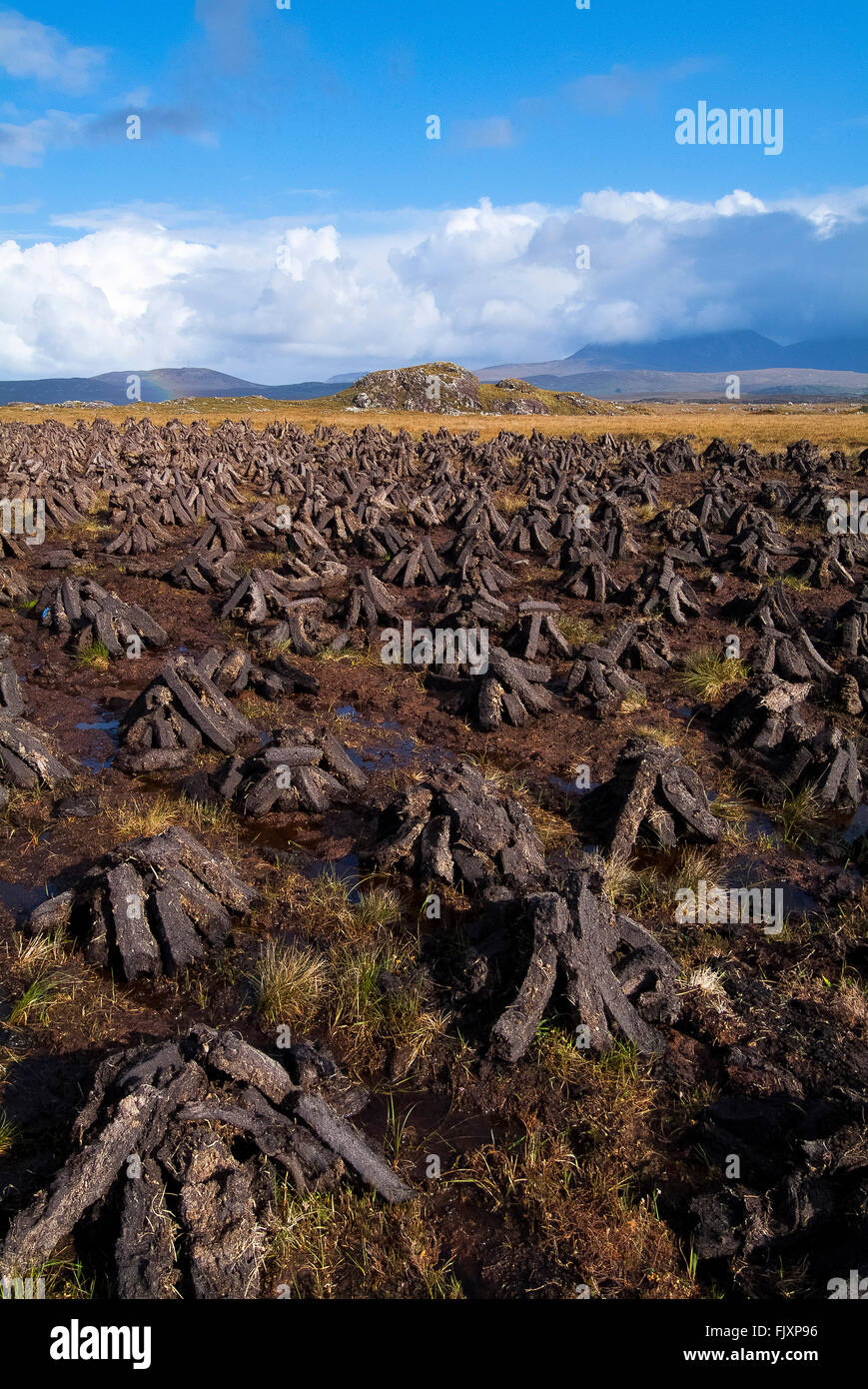 Torf Rasen gestapelt zur Trocknung Roundstone Bog Connemara Galway Irland Stockfoto