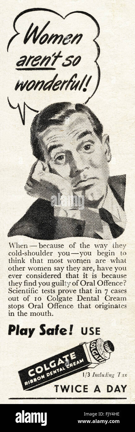 Original Vintage Anzeige aus den 1940er Jahren. Anzeige vom 1947 Werbung COLGATE RIBBON DENTAL CREAM Zahnpasta. Stockfoto
