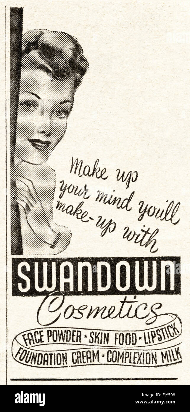 Original Vintage Anzeige aus den 1940er Jahren. Anzeige vom 1947 Werbung SWANDOWN Kosmetik. Stockfoto