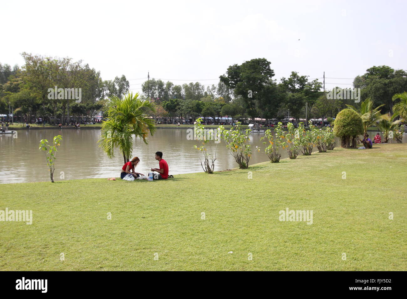 Paare sitzen an einem See, Chatuchak Park, Bangkok, Thailand Stockfoto