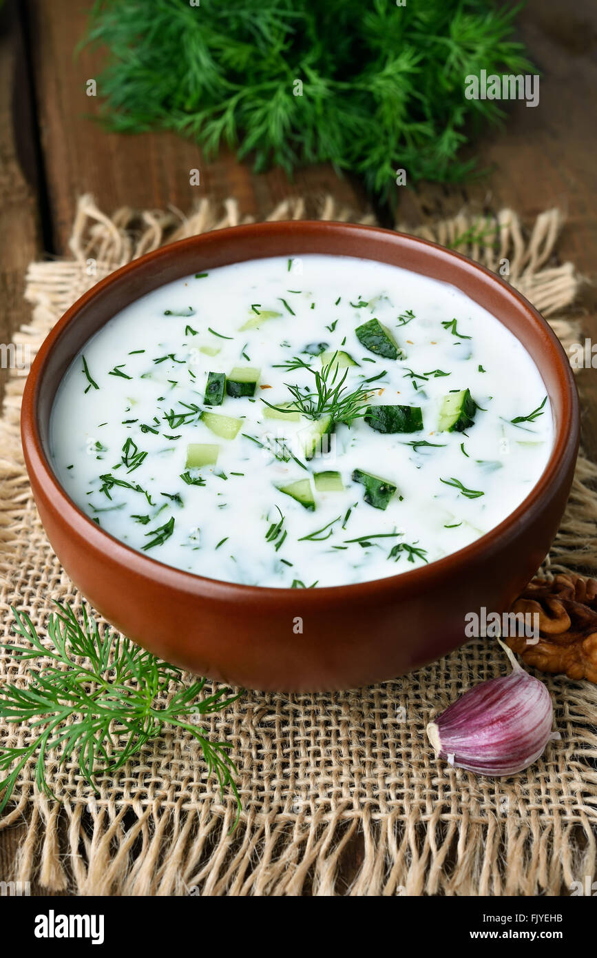Sommer-Joghurt-Suppe mit Gurken und dill Stockfoto