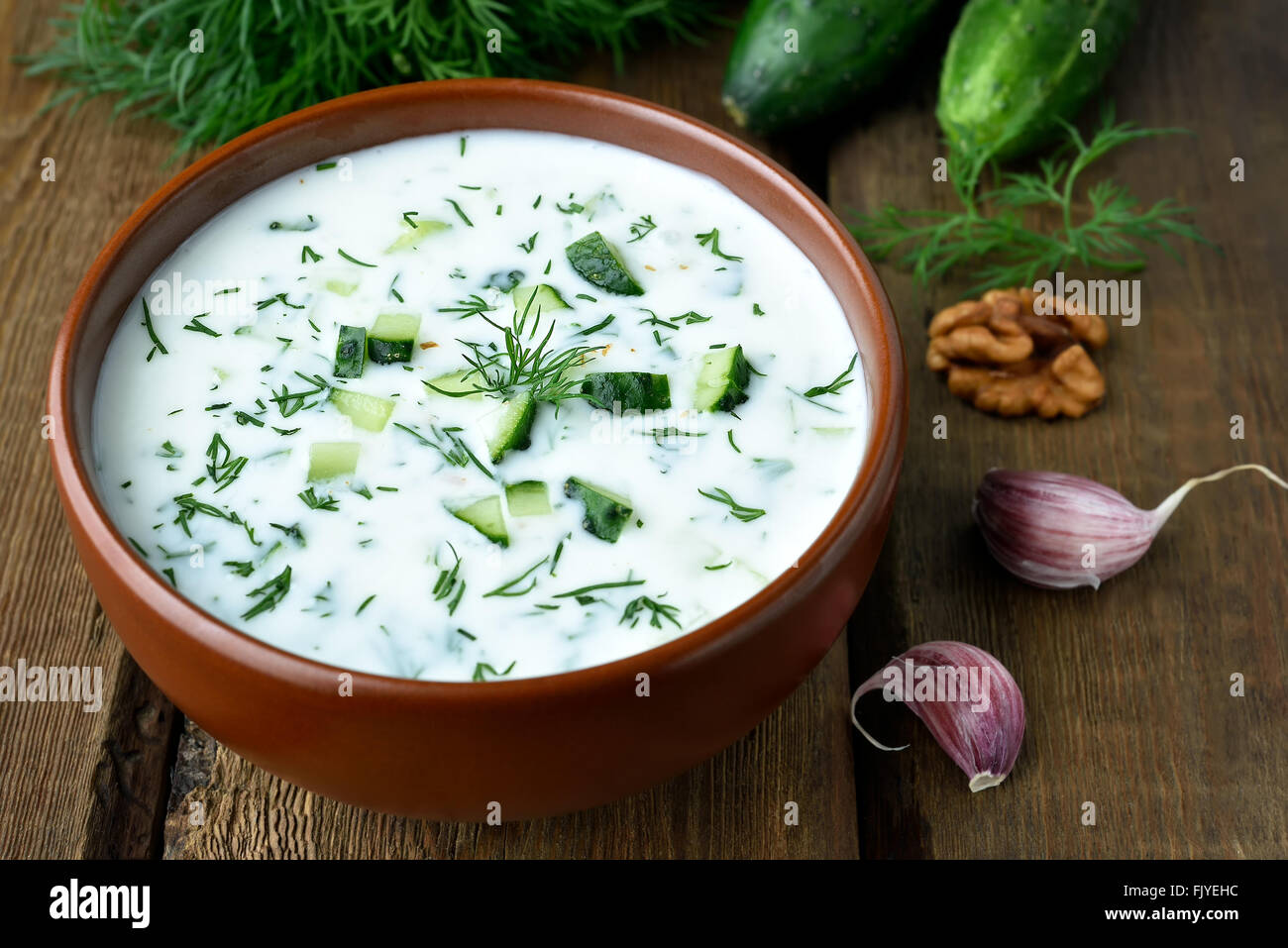 Kalte Suppe mit Joghurt, Gurken und dill Stockfoto