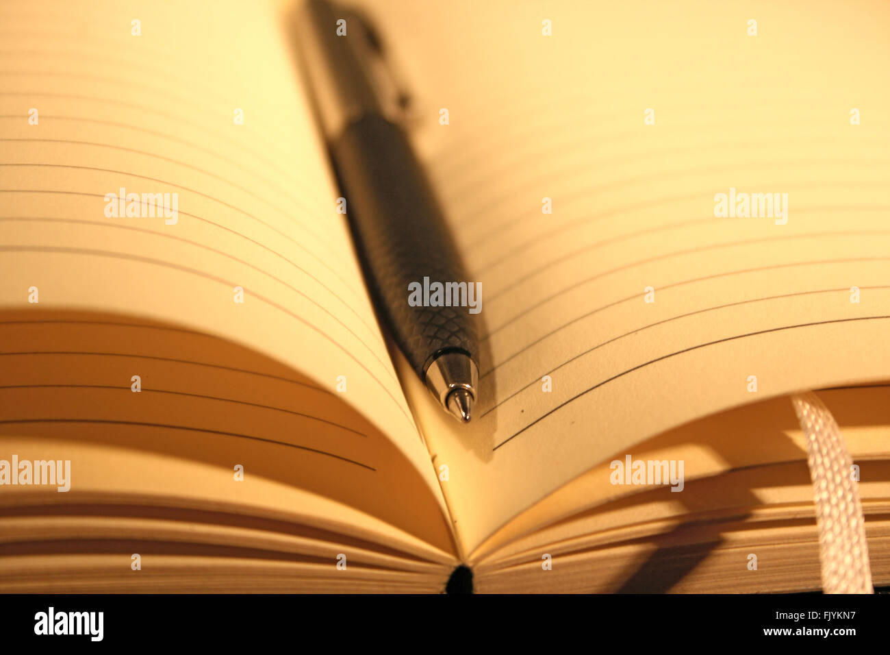 Die offene Wochenschrift setzen mit einem Kugelschreiber. Stockfoto