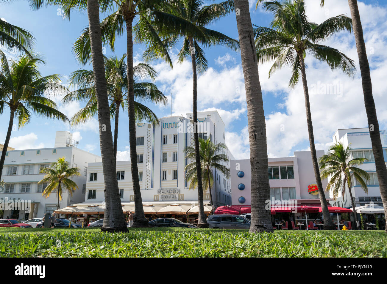 Art-Deco-am Ocean Drive von South Beach Boardwalk, Miami Beach, Florida, Vereinigte Staaten Stockfoto