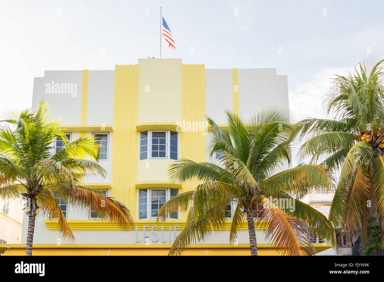 Fassade des Art-deco-Hotel Leslie am Ocean Drive in South Beach District von Miami Beach, Florida, USA Stockfoto