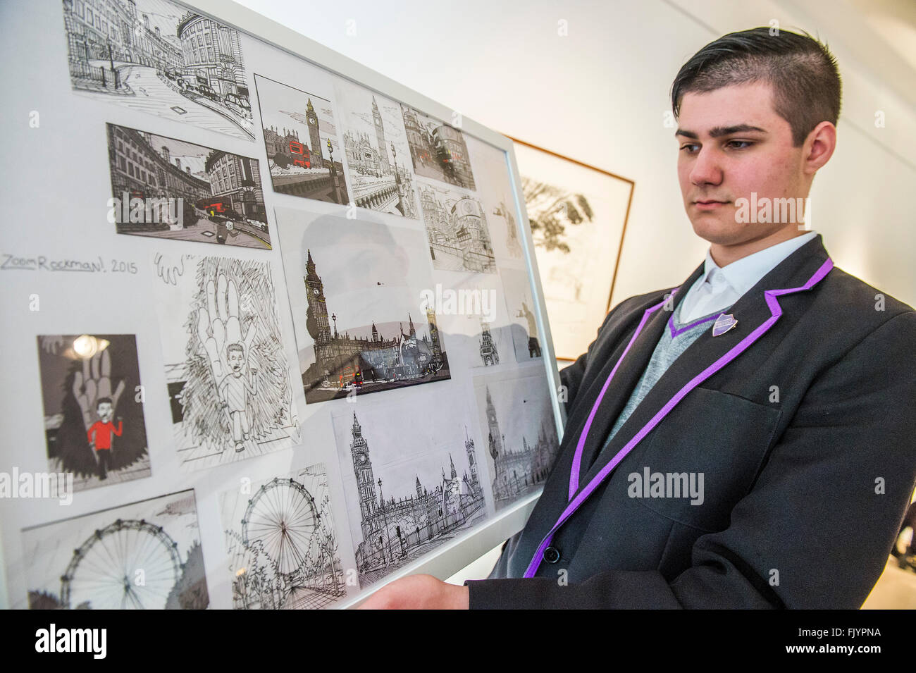 London, UK. 4. März 2016. Zoom-Rockman, 15, ein Botschafter für die Nächstenliebe und etablierter Cartoonist mit Chios besitzen magazine sowie einen Beitrag zu den Beano - es ist unsere Welt-Auktion zur Unterstützung von The Big Draw und Jupiter Artland Stiftung, Chrisites, London, UK - über 40 führende Künstler wie David Hockney, Sir Antony Gormley, David Nash, Sir Peter Blake, Yinka Shonibare, Sir Quentin Blake , Emily Young und Maggi Hambling haben zugesagt, Kunstwerke, die am 10. März 2016 verkauft werden. Bildnachweis: Guy Bell/Alamy Live-Nachrichten Stockfoto