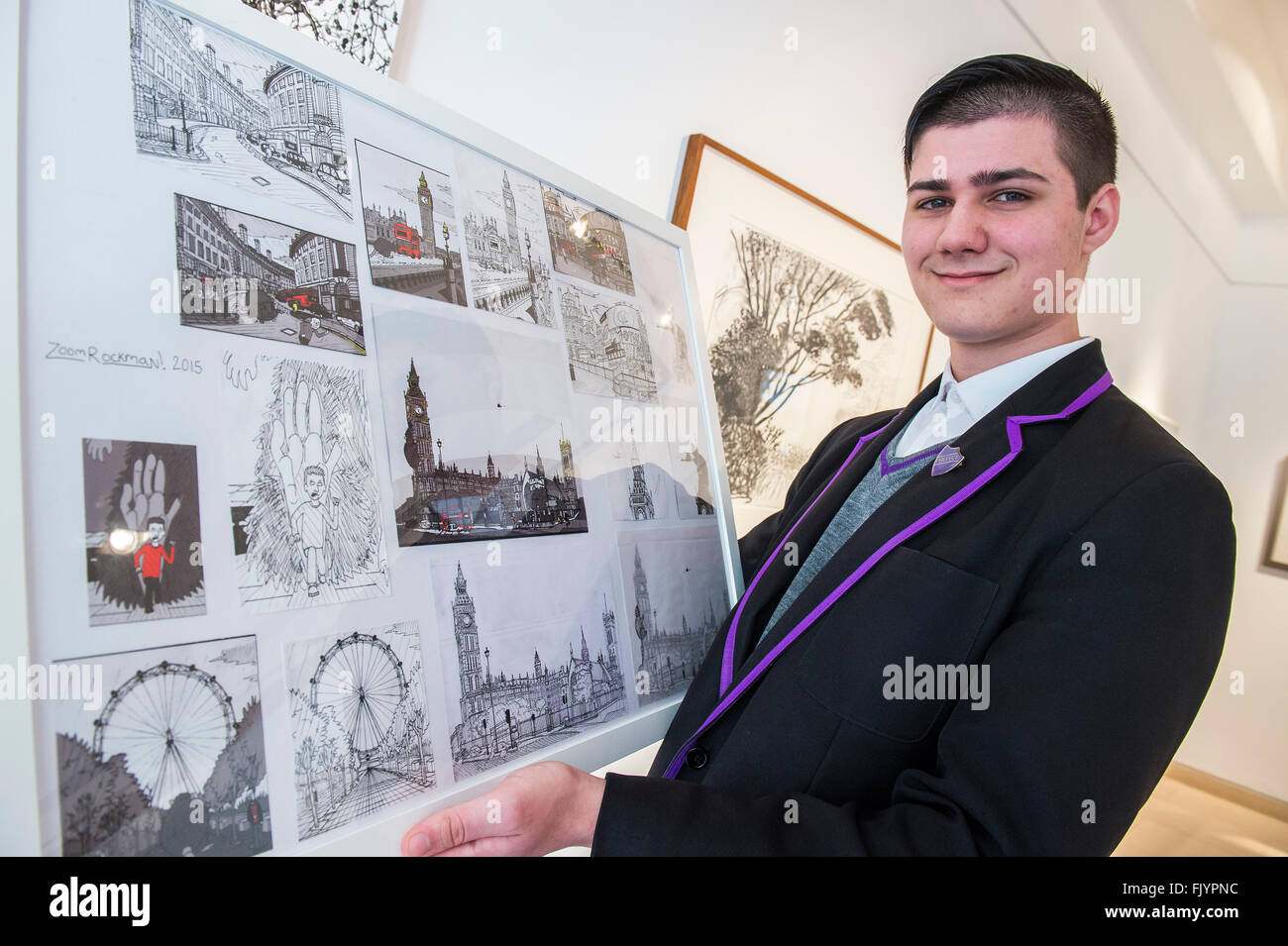 London, UK. 4. März 2016. Zoom-Rockman, 15, ein Botschafter für die Nächstenliebe und etablierter Cartoonist, mit seinem eigenen magazine sowie einen Beitrag zu den Beano - es ist unsere Welt-Auktion zur Unterstützung von The Big Draw und Jupiter Artland Stiftung, Chrisites, London, UK - über 40 führende Künstler wie David Hockney, Sir Antony Gormley, David Nash, Sir Peter Blake, Yinka Shonibare, Sir Quentin Blake , Emily Young und Maggi Hambling haben zugesagt, Kunstwerke, die am 10. März 2016 verkauft werden. Bildnachweis: Guy Bell/Alamy Live-Nachrichten Stockfoto