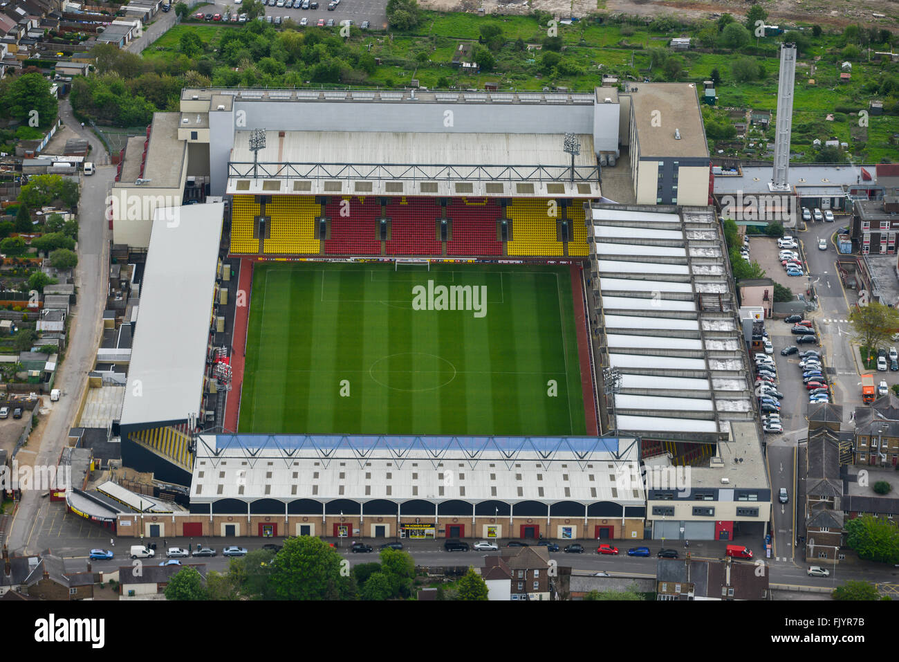 Eine Luftaufnahme des Vicarage Road, Heimat des Watford Football Club Stockfoto