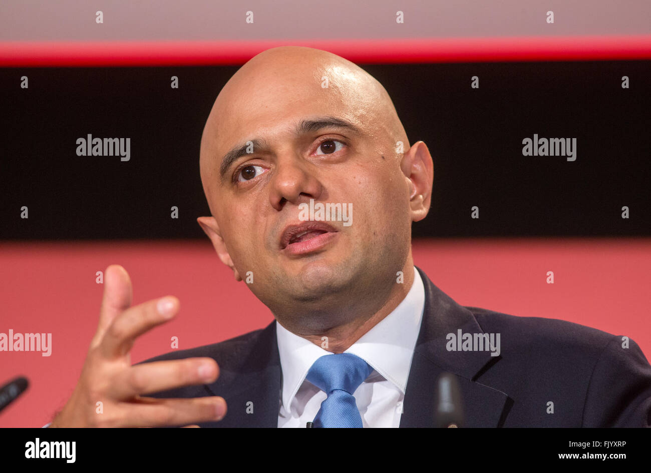 Sajid Javid, Staatssekretär für Wirtschaft, Innovation und Kompetenz, spricht auf der Konferenz von British Chambers Of Commerce Stockfoto