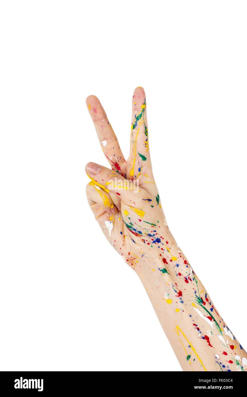 Frau Hand in Farbe mit Victory-Zeichen isoliert auf weißem Hintergrund Stockfoto