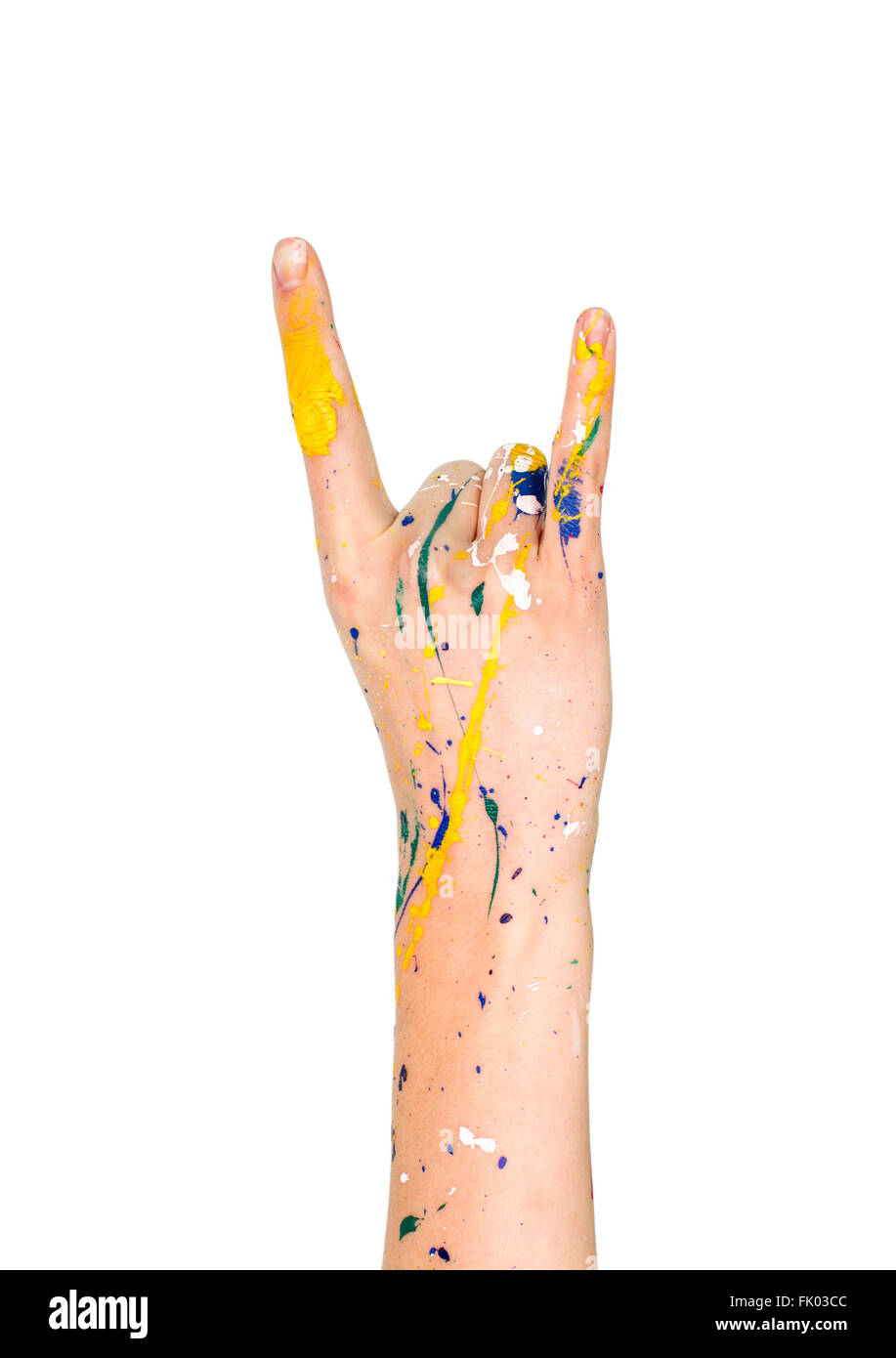 Frau Hand in Farbe Zeichen der Hörner (Rocker) isoliert auf weißem Hintergrund Stockfoto
