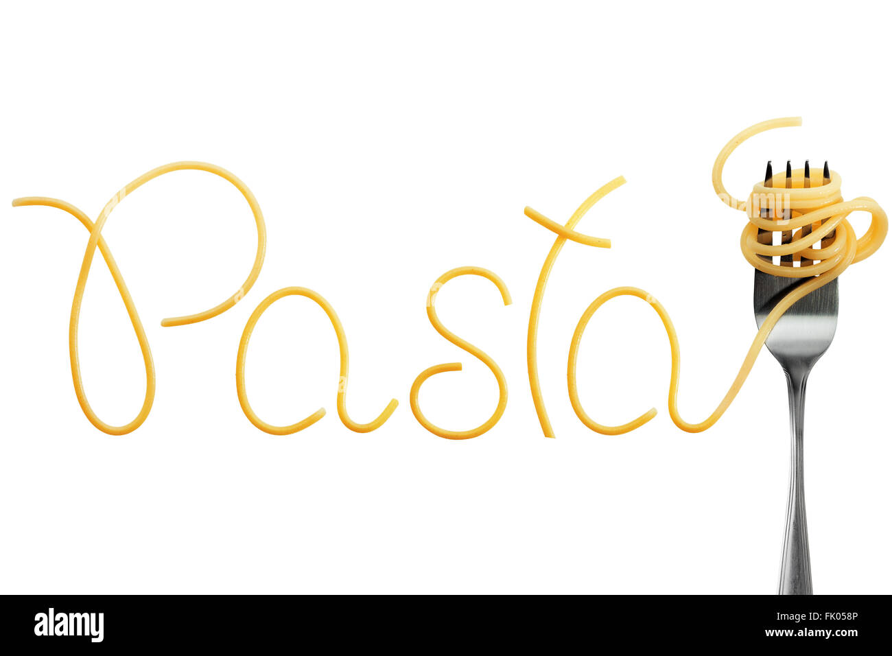 Gabel mit Spaghetti, Pasta, Rechtschreibung, auf weißem Hintergrund Stockfoto