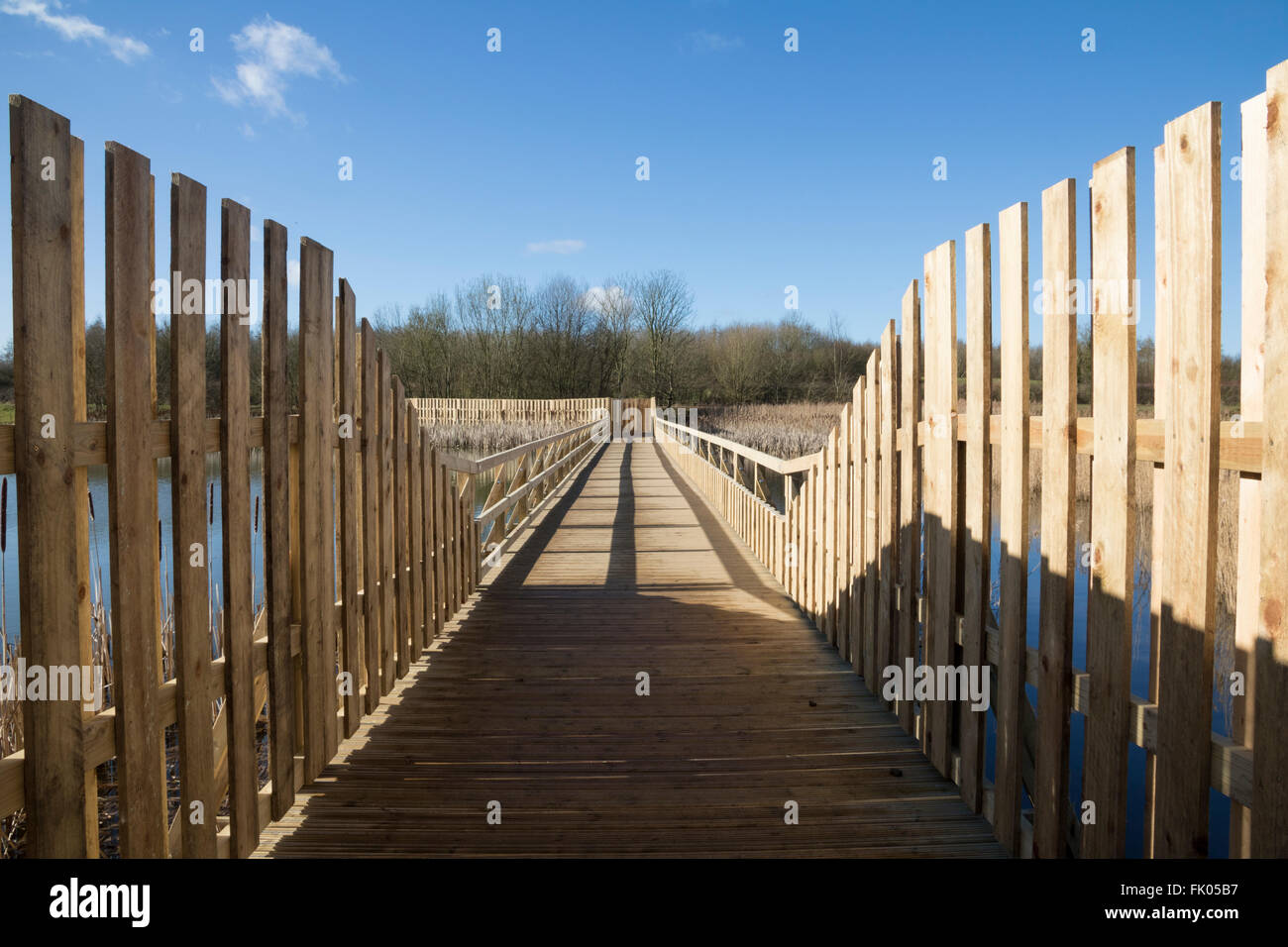 Neue hölzerne Zugang für Fußgänger Brücke über Feuchtgebiet Naturschutzgebiet Stockfoto