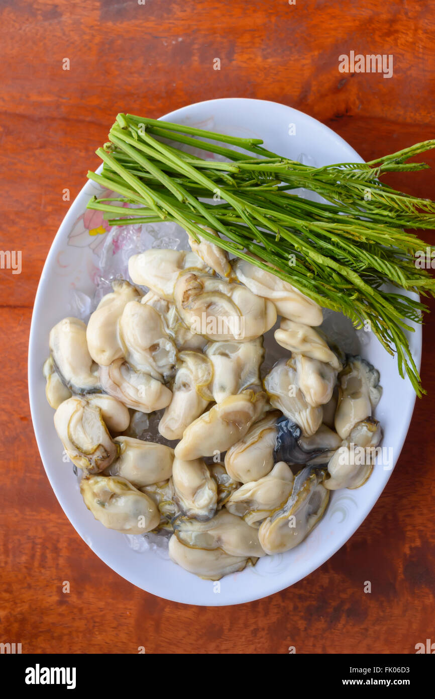 Thailändische Spezialitäten frische Austern auf einem Teller mit Gemüse Stockfoto