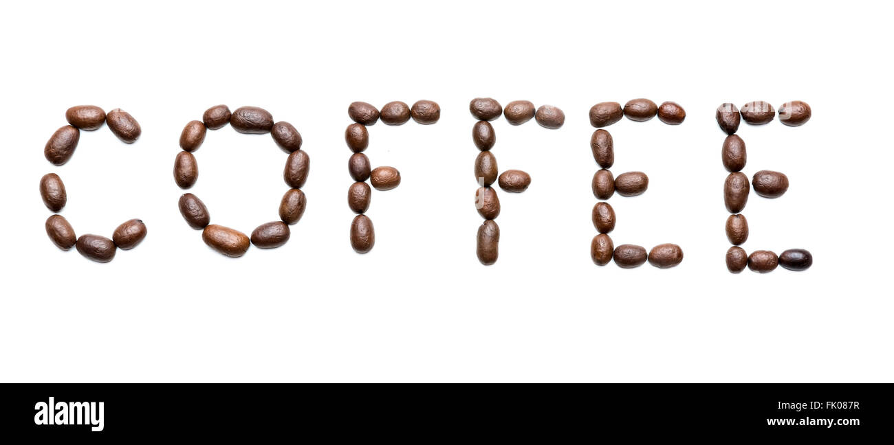 Wort "Kaffee" aus Kaffeebohnen, isolated on white Stockfoto