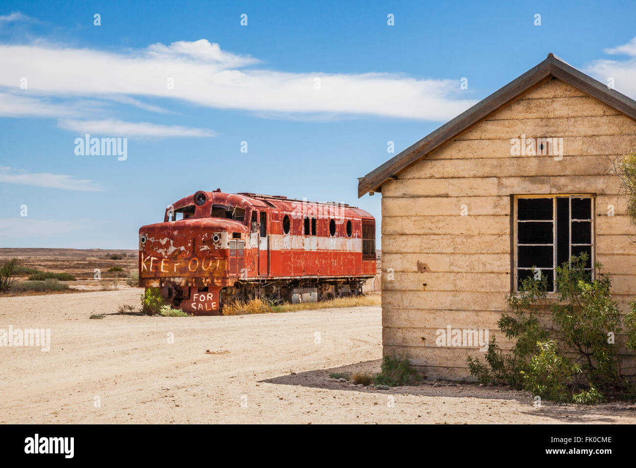 am alten Ghan Lokomotive in Marree Station, South Australia. Der alten Ghan-Eisenbahnstrecke wurde in den 1980er Jahren geschlossen. Stockfoto