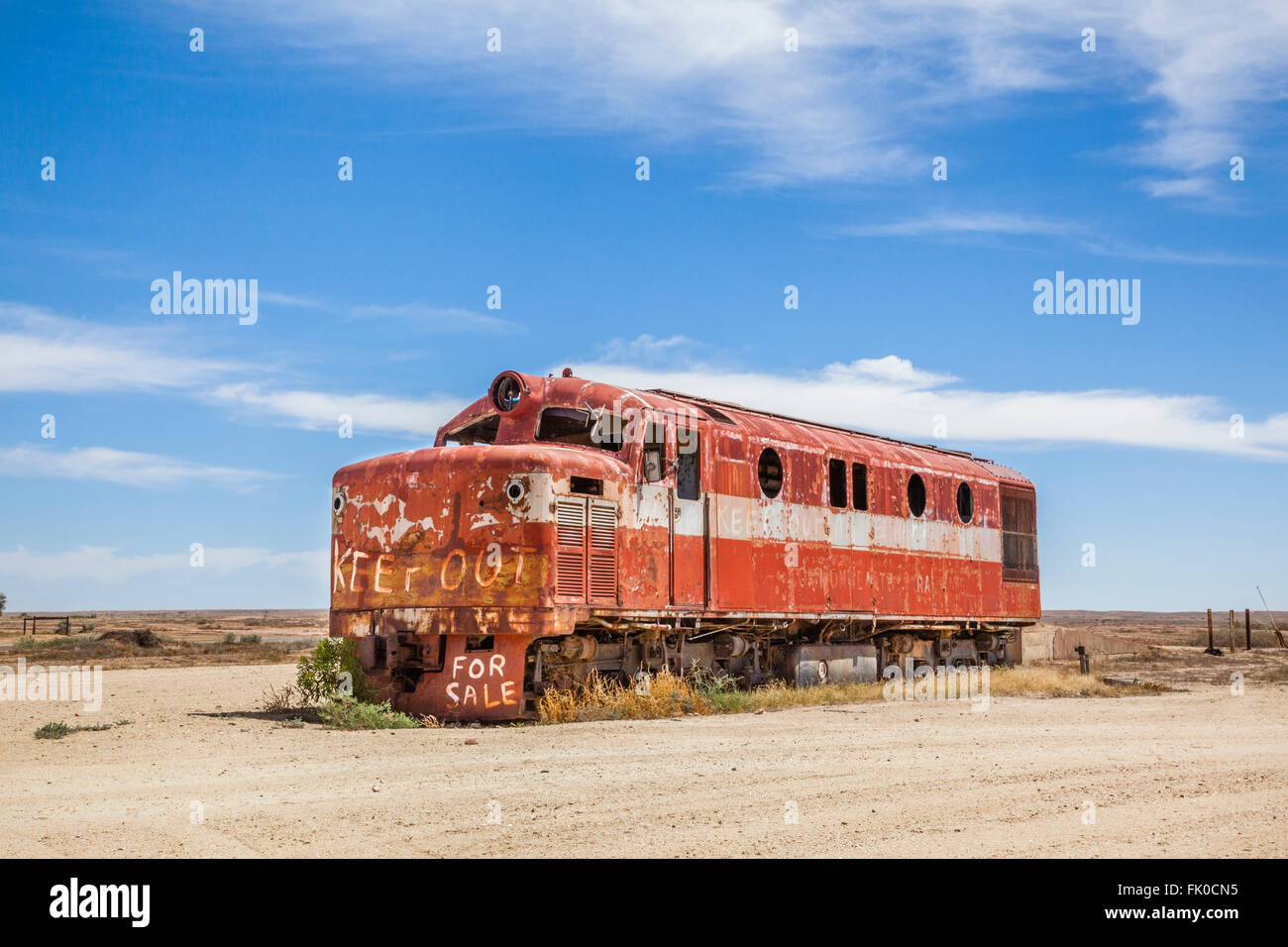 am alten Ghan Lokomotive in Marree Station, South Australia. Der alten Ghan-Eisenbahnstrecke wurde in den 1980er Jahren geschlossen. Stockfoto