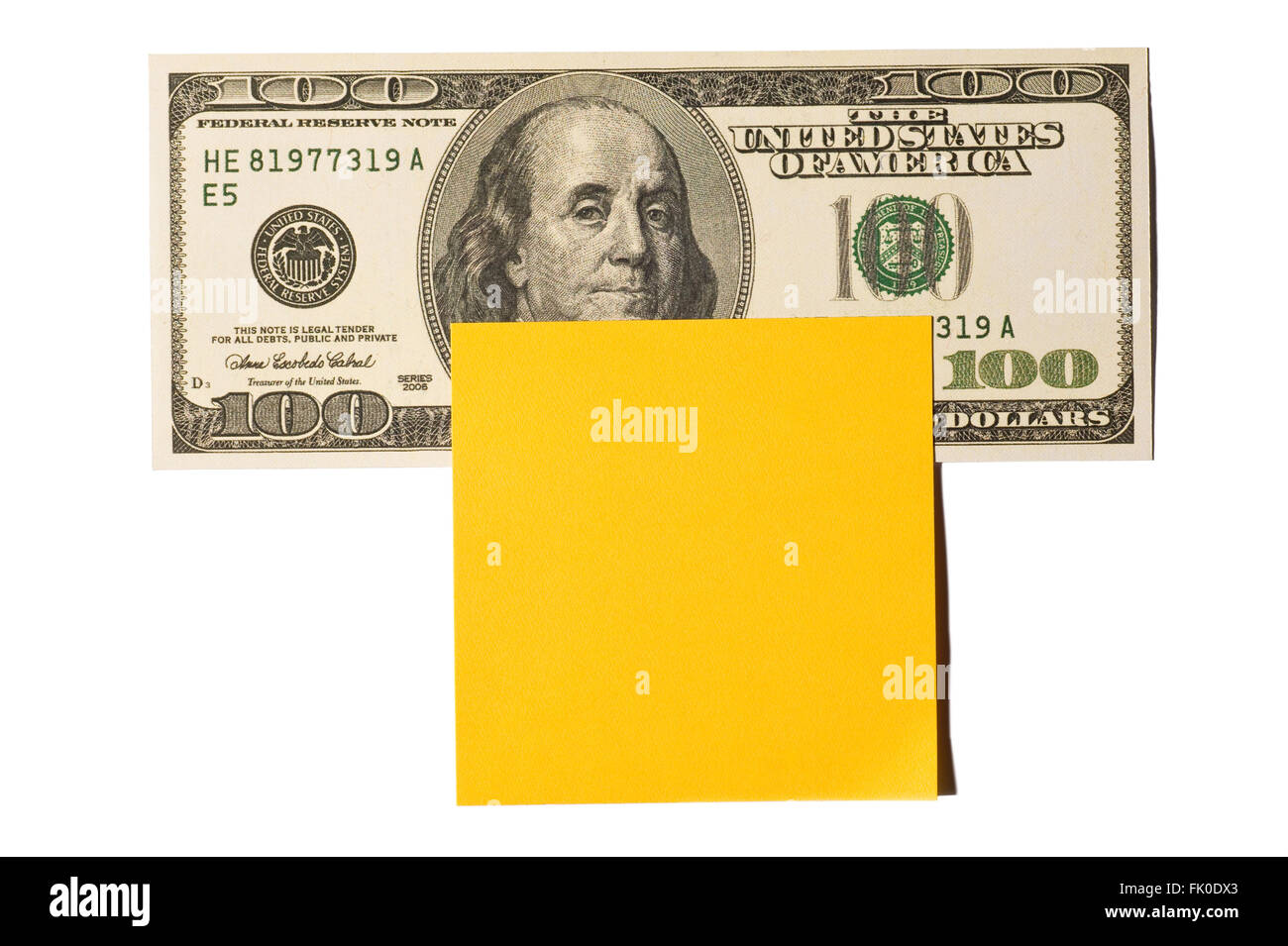 Hundert-Dollar-Note mit Gold Post-It Note Stockfoto
