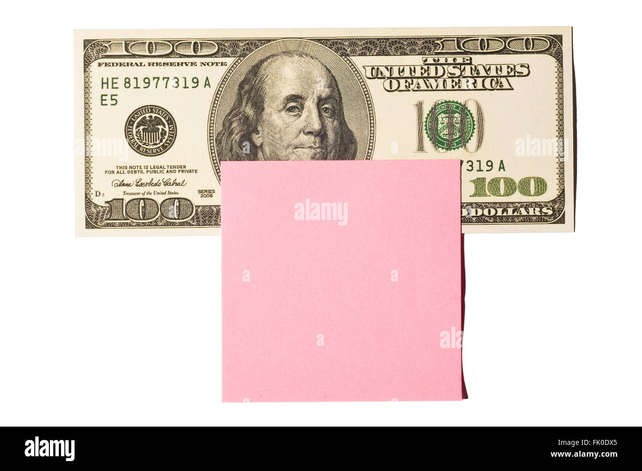 Hundert-Dollar-Note mit rosa Post-It Note Stockfoto