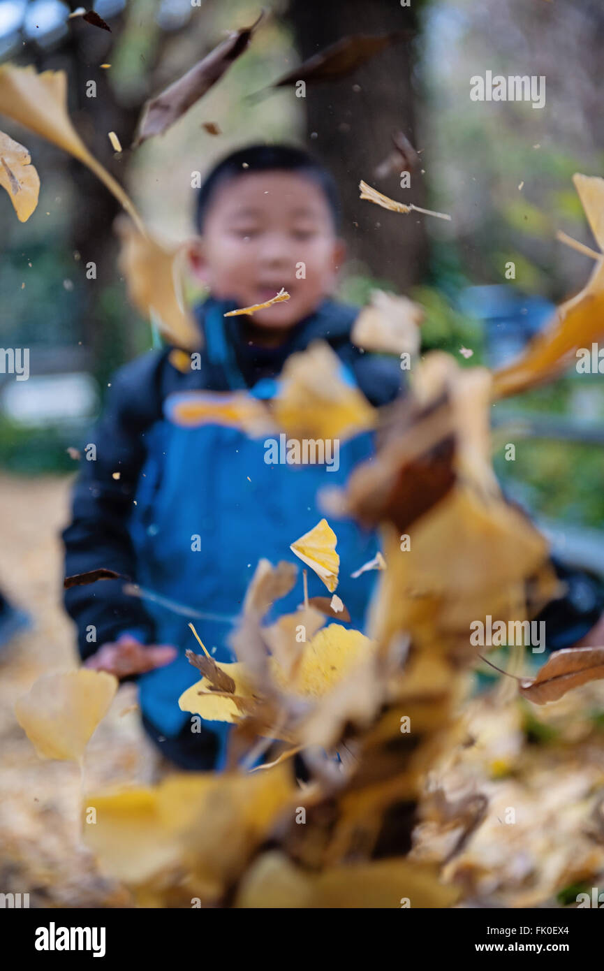 Asiatische Kind wirft Blätter Stockfoto