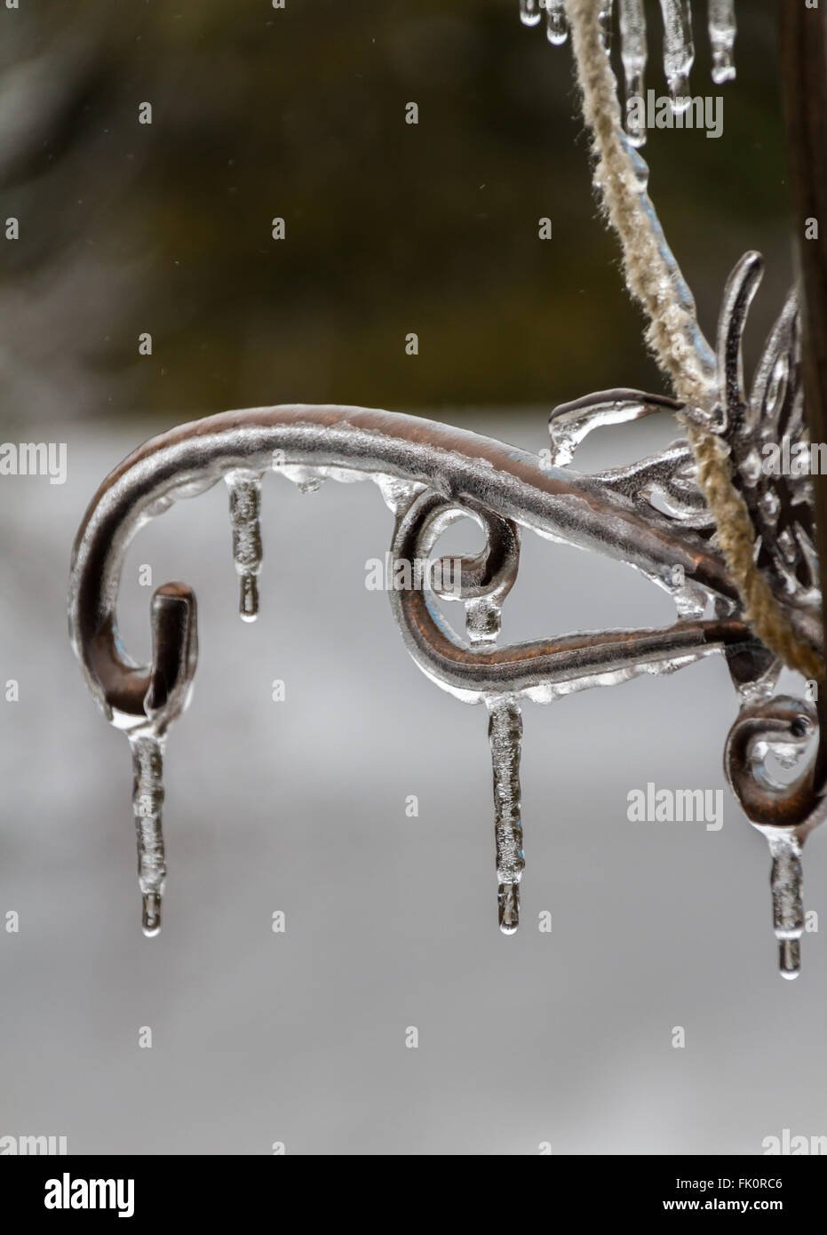 Eiszapfen hängen von ein Schmiedeeisen Gitter in einem Eisregen Stockfoto