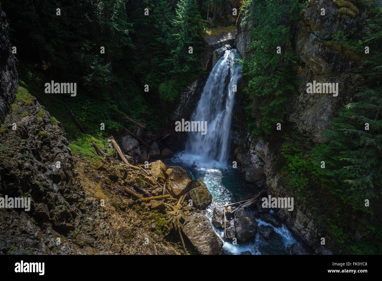 Lady fällt in Strathcona Provincial Park, Vancouver Island in der Nähe von Campbell River, Britisch-Kolumbien, Kanada Stockfoto