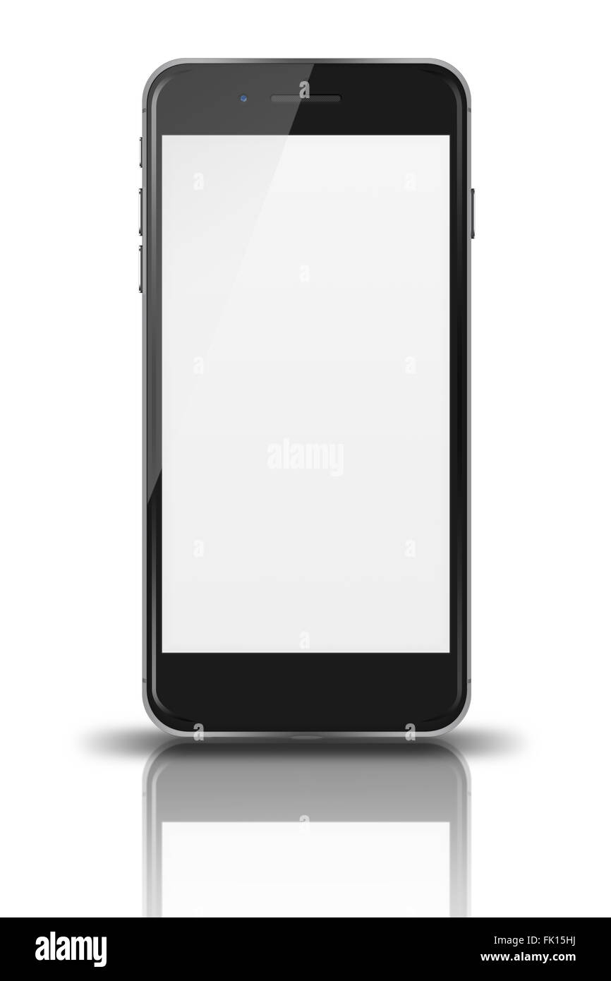 Moderne Touch-Screen-Smartphone mit Schatten und Reflexionen und unbelegten Schirm isoliert auf weißem Hintergrund. Stockfoto