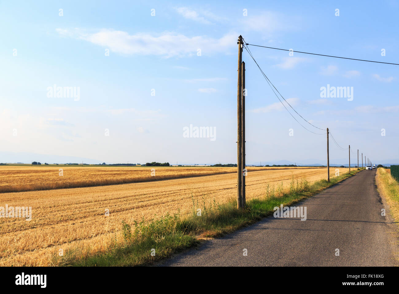 Landstraße durch Ackerland in der Nähe von Valensole, Provence-Frankreich Stockfoto