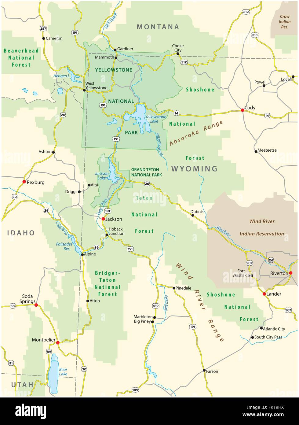 Größeren Yellowstone-Ökosystems Karte anzeigen Stock Vektor