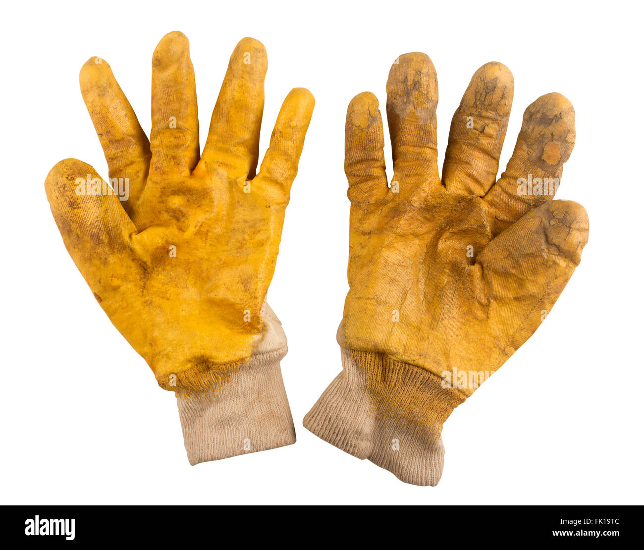 Paar von gelb Gartenhandschuhe isoliert auf weißem Hintergrund verwendet Stockfoto