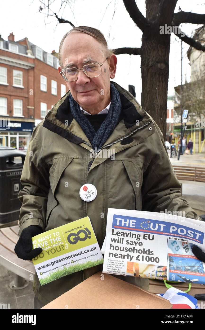Twickenham, London, UK. 5. März 2016. EU und UKIP Hand Flugblättern zu verlassen. Breitensport, Aktionstag, Kampagne, um die EU verlassen Stockfoto