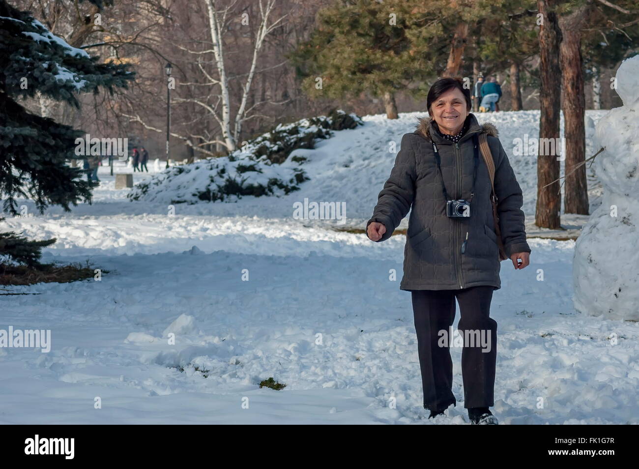 Frau-Fotograf im Park im winter Stockfoto