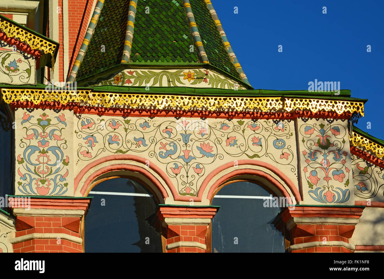 Detail des Musters an Basilius Kathedrale auf dem Roten Platz in Moskau, Russland Stockfoto