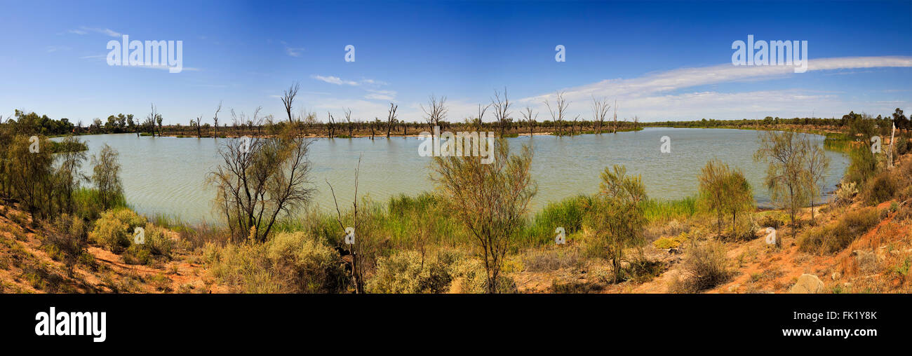 weiten Panoramablick auf Murray River Bend in South Australia. Grüne saubere Wasser der Fluss zwischen roter Erde Outback Ländereien Stockfoto