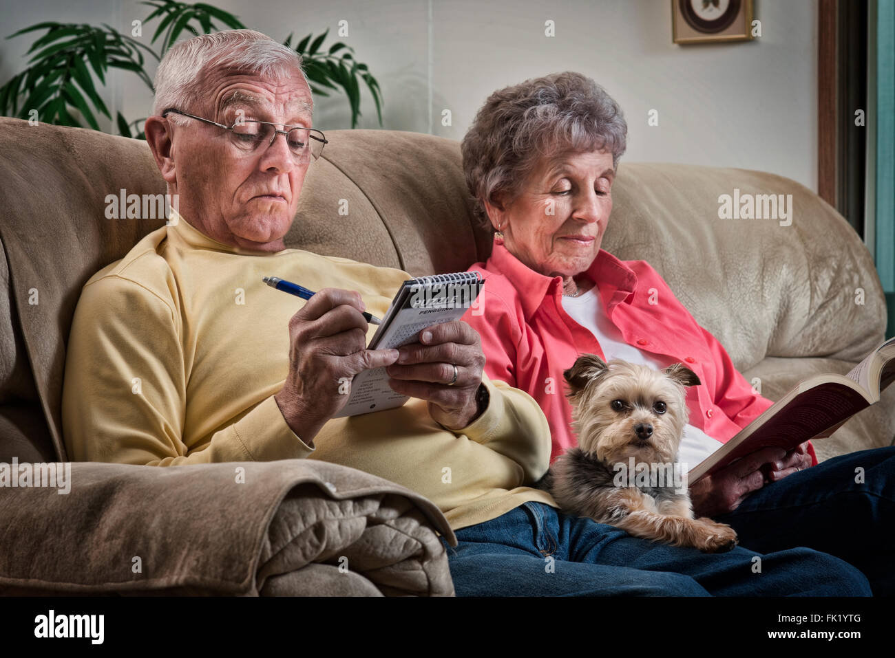 Illustrative Version eines älteren Paares entspannende zusammen mit ihrem Schoßhund halten sie Unternehmen. Stockfoto