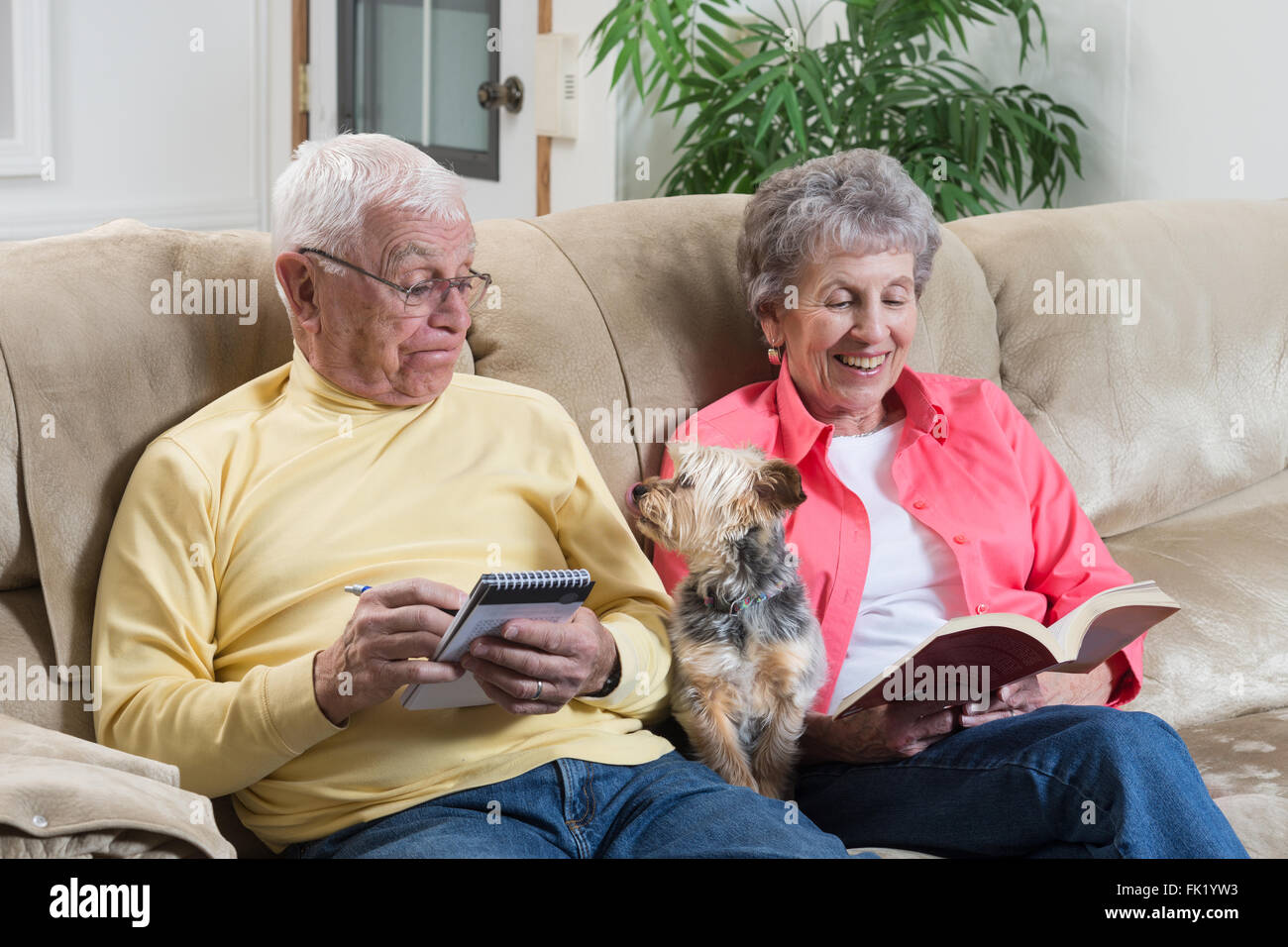 Ein Ehepaar im Ruhestand entspannen wird unterbrochen von ihren kleinen Hund auf der Suche nach Aufmerksamkeit. Stockfoto