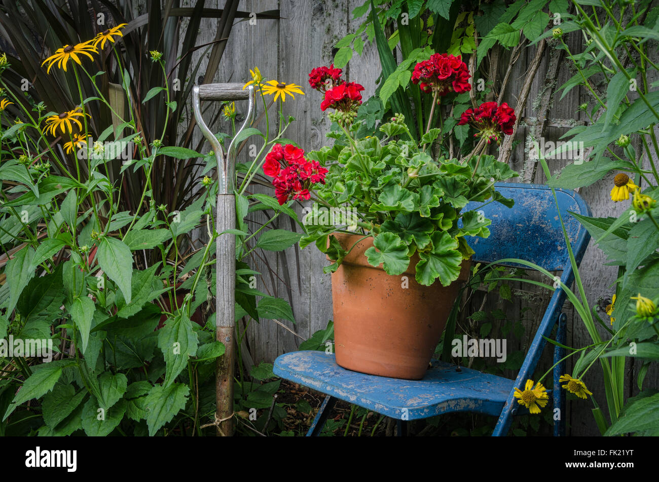 Garten-Stillleben mit einem verwitterten Gartenwerkzeug Griff durch einen blauen Stuhl mit einem Topf von leuchtend roten Geranien, die auf ihm ruhen. Eine Fliesen Stockfoto