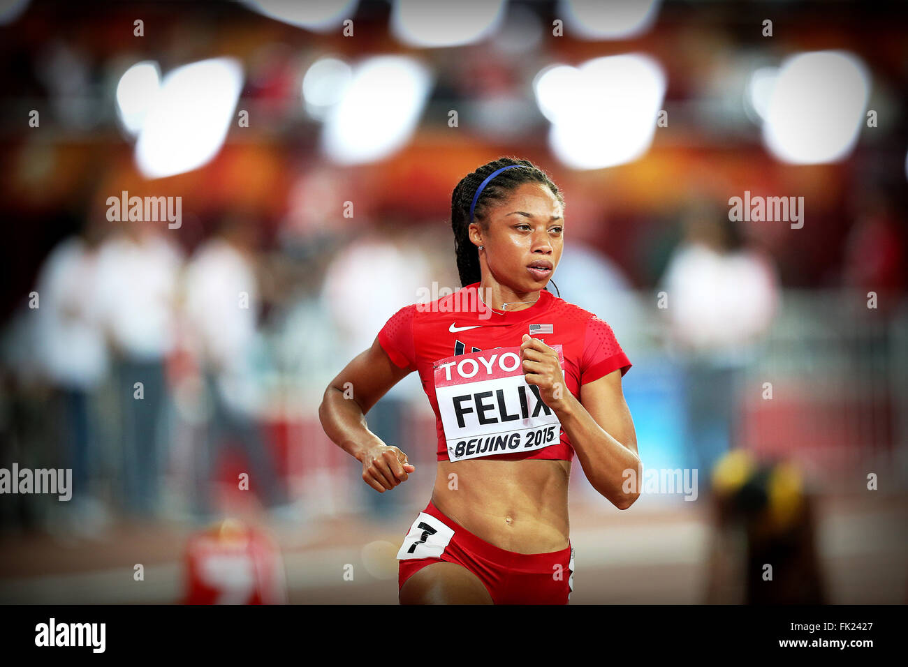 Allyson Felix bei den IAAF Weltmeisterschaften Peking 2015 Stockfoto