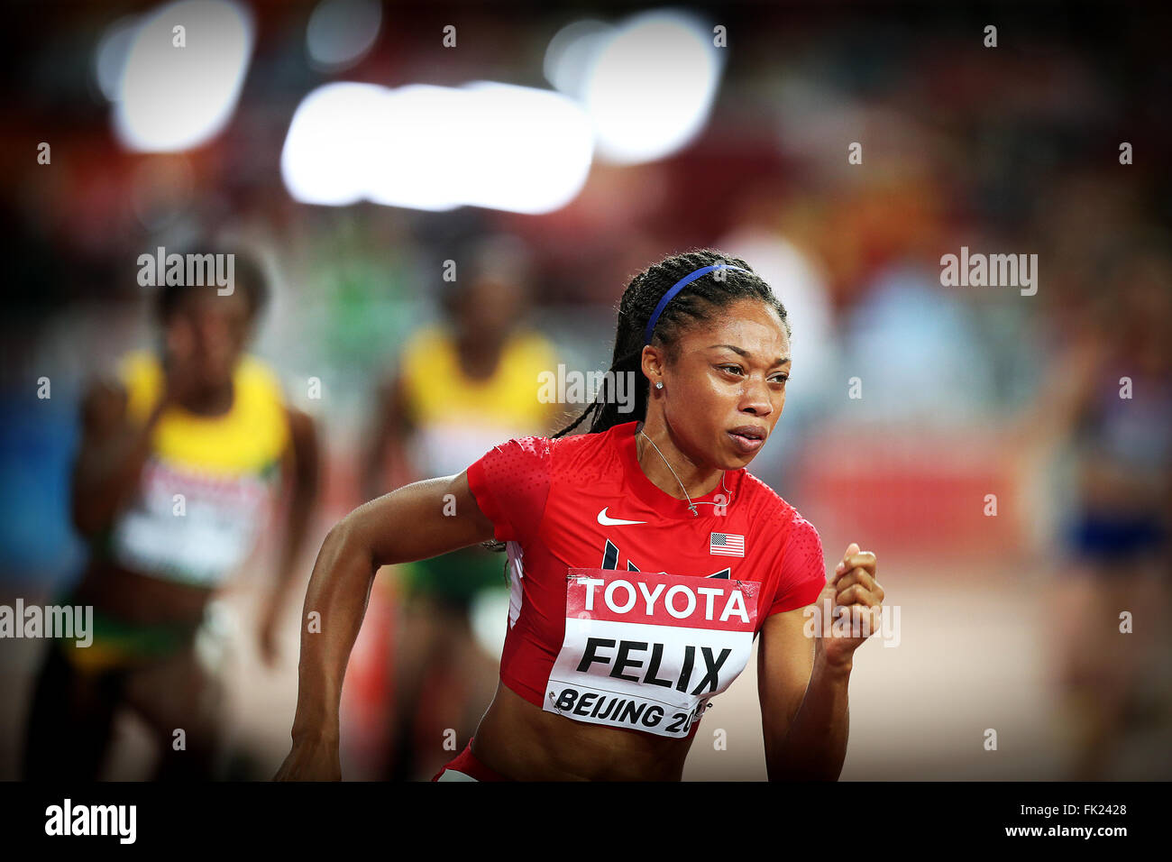 Allyson Felix bei den IAAF Weltmeisterschaften Peking 2015 Stockfoto