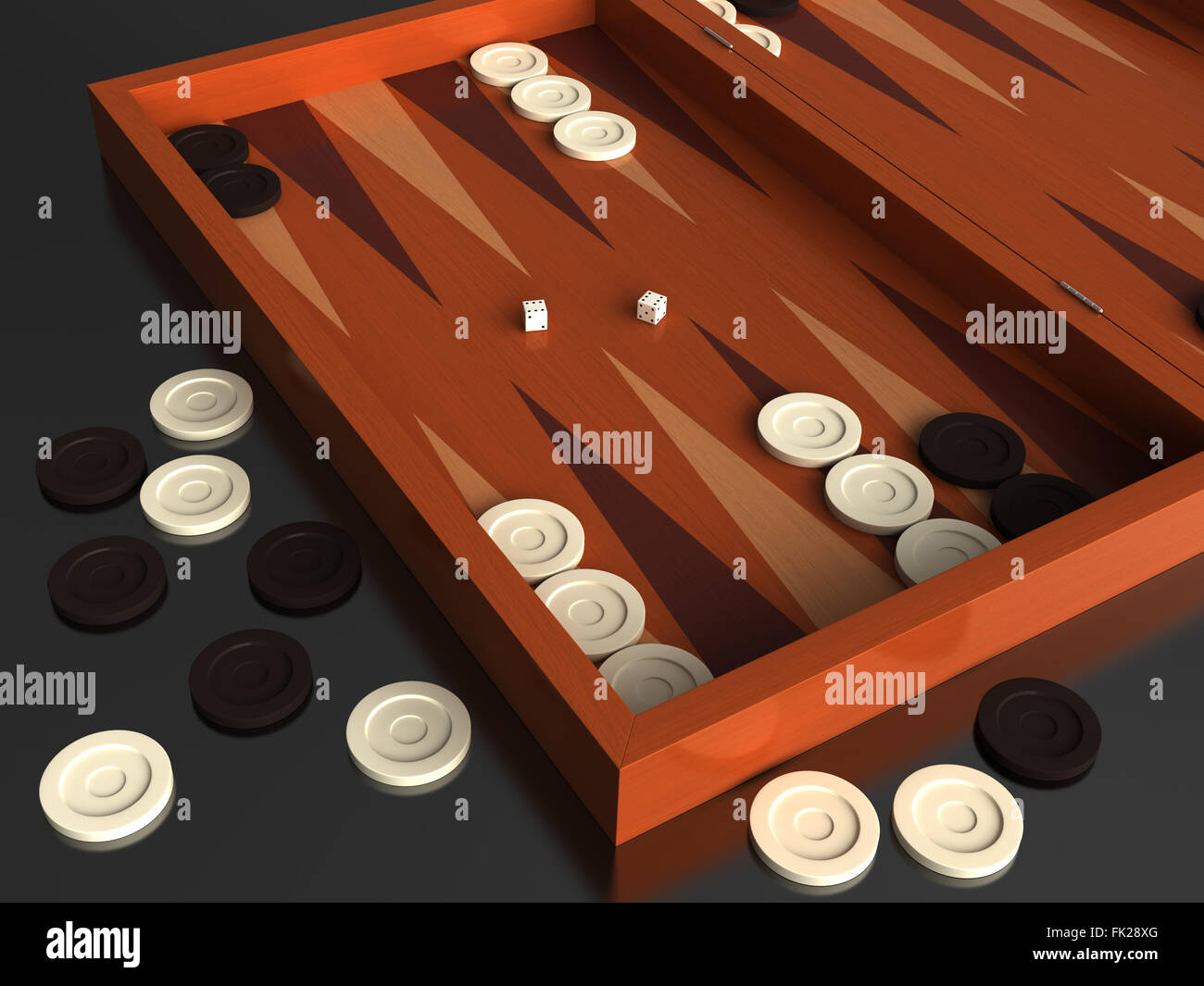 3D Rendern des traditionellen Backgammon-Spielbrett Stockfoto