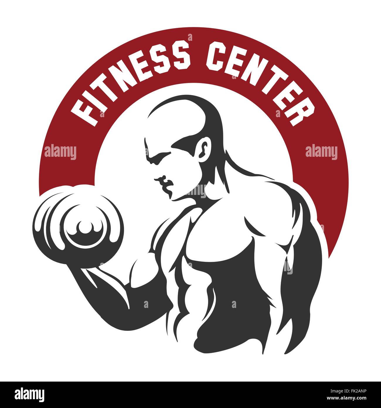 Fitness-Center oder Fitness-Studio Club Emblem. Sportler mit Hanteln. Sport Fitness Club Kreativkonzept. Bodybuilder-Fitness-Modell Stock Vektor
