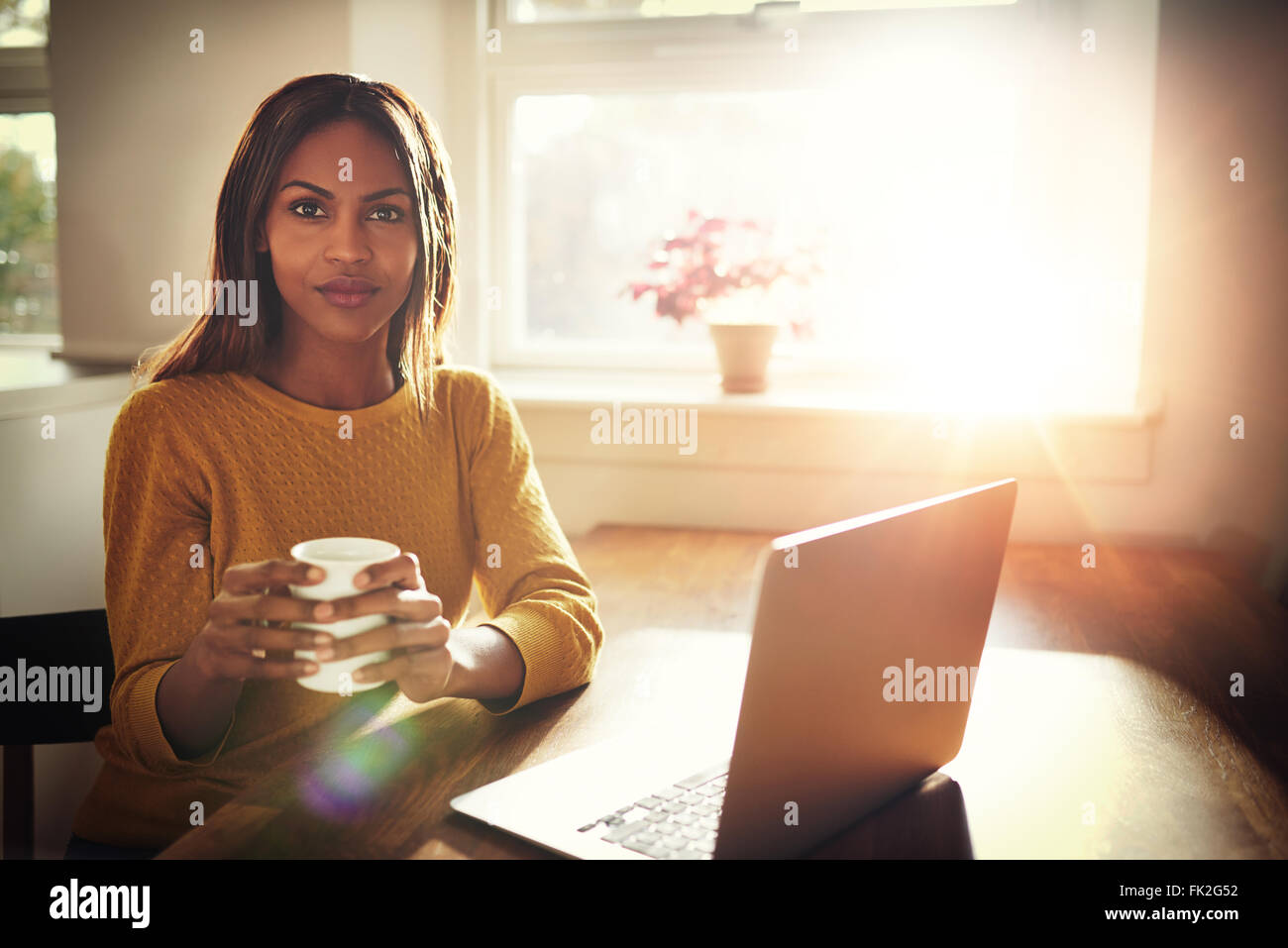 Ernste junge alleinstehende Frau am Tisch halten Kaffeetasse neben offenen Laptop mit hellen Sonne durch Fenster Stockfoto