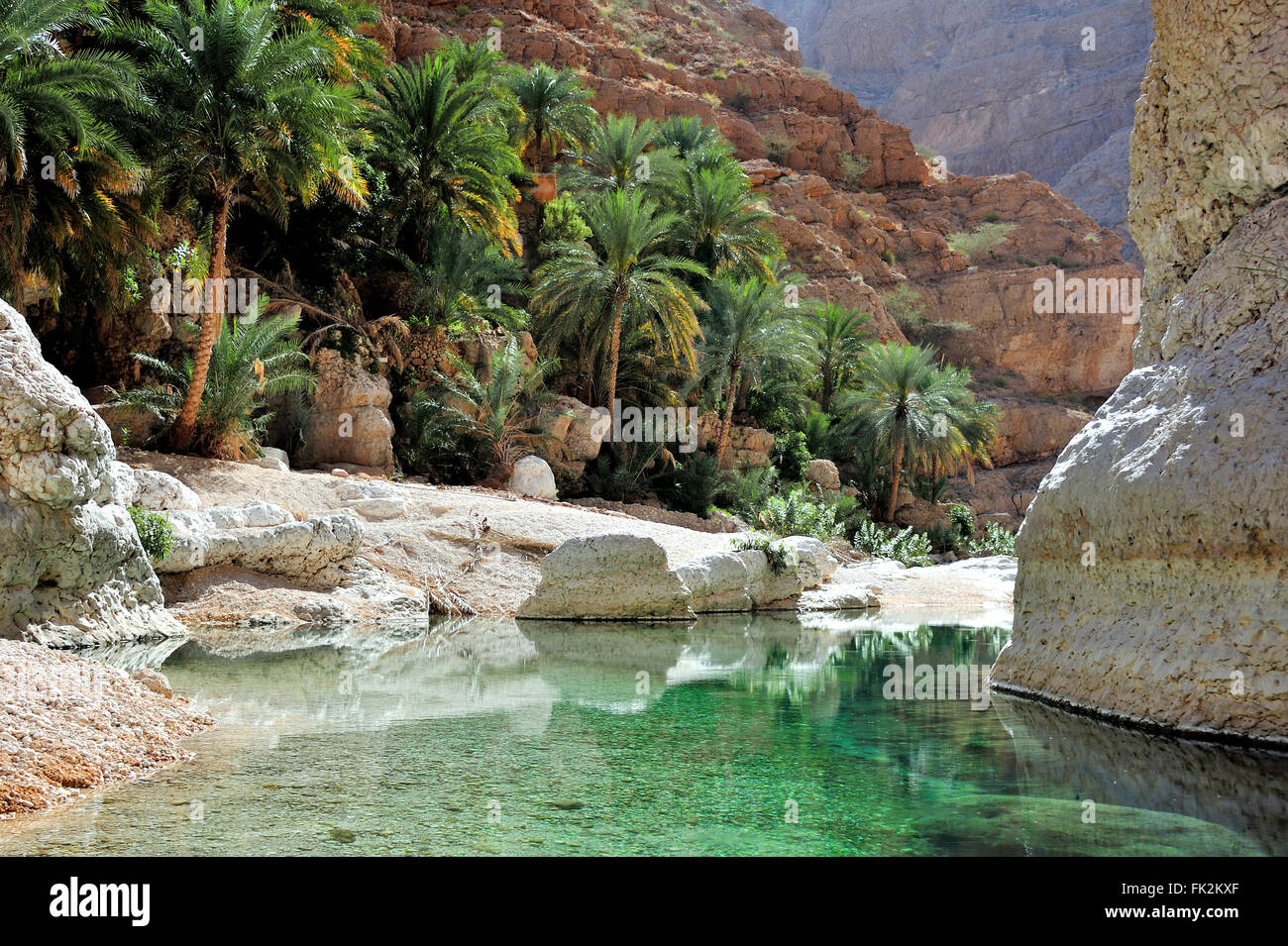 Wadi Shab, Oase zwischen den Bergen, Oman Stockfoto